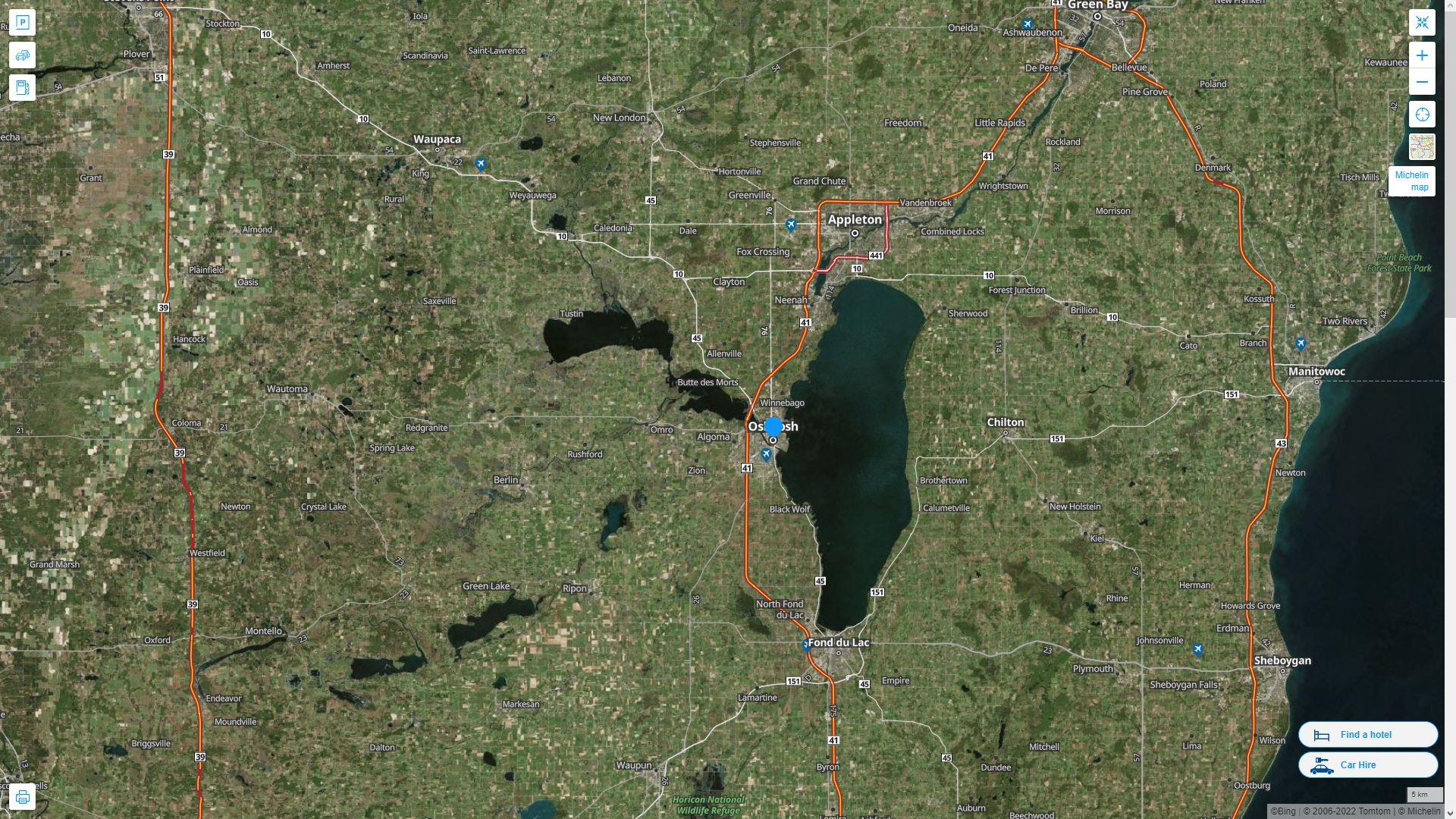 Oshkosh Wisconsin Highway and Road Map with Satellite View